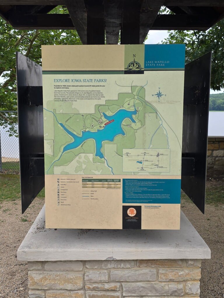 Lake Wapello State Park map showing the lake, trails and park amenities