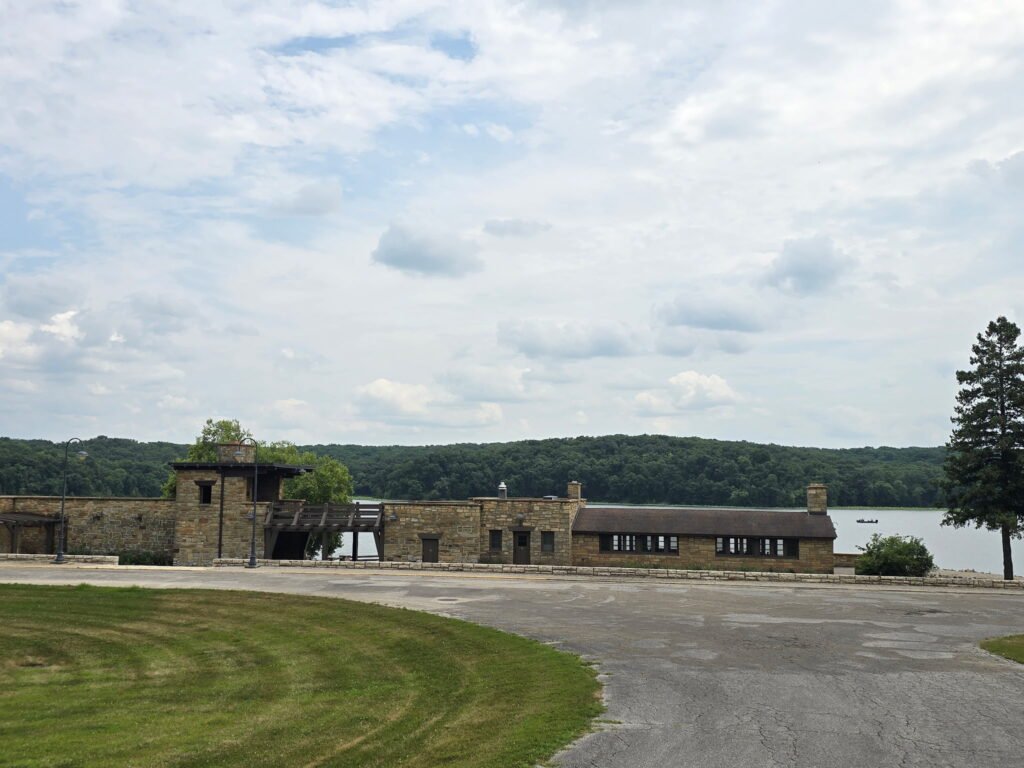 Historic stone buildings along the waterfront at Lake Wapello State Park