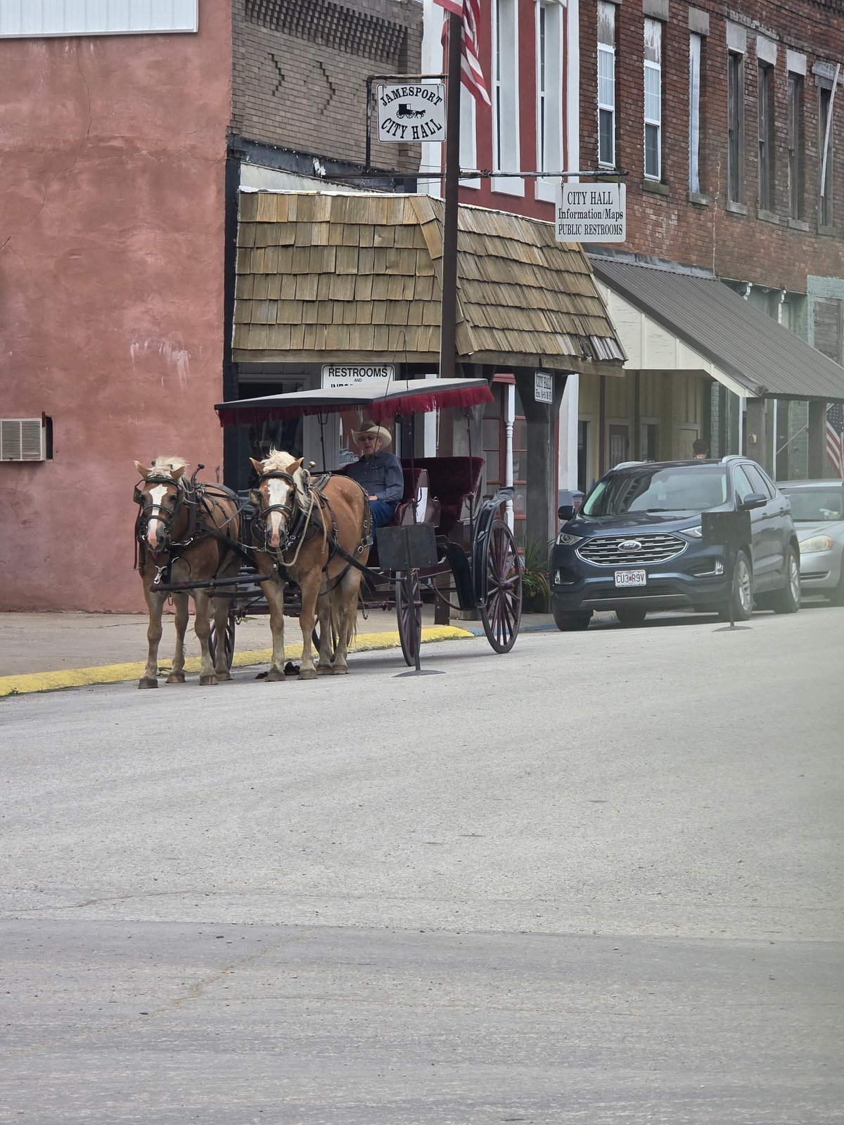 Horse-drawn carriage parked in front of Jamesport City Hall