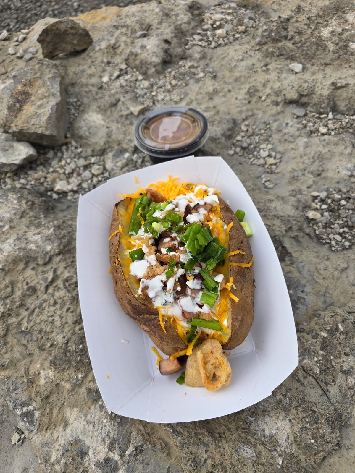 Loaded baked potato with cheese, sour cream and green onions from a food truck