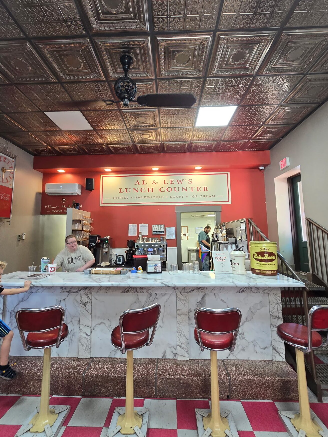vintage-looking ice cream/coffee shop interior.