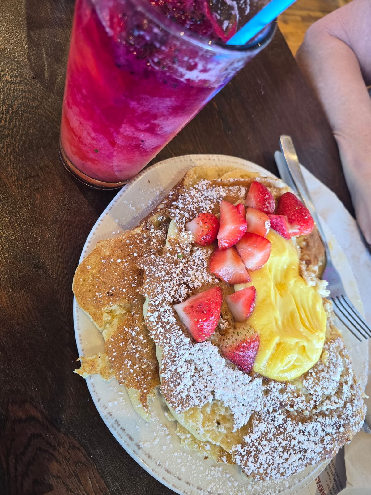 Strawberry pancakes and a berry drink at First Watch in Jefferson City