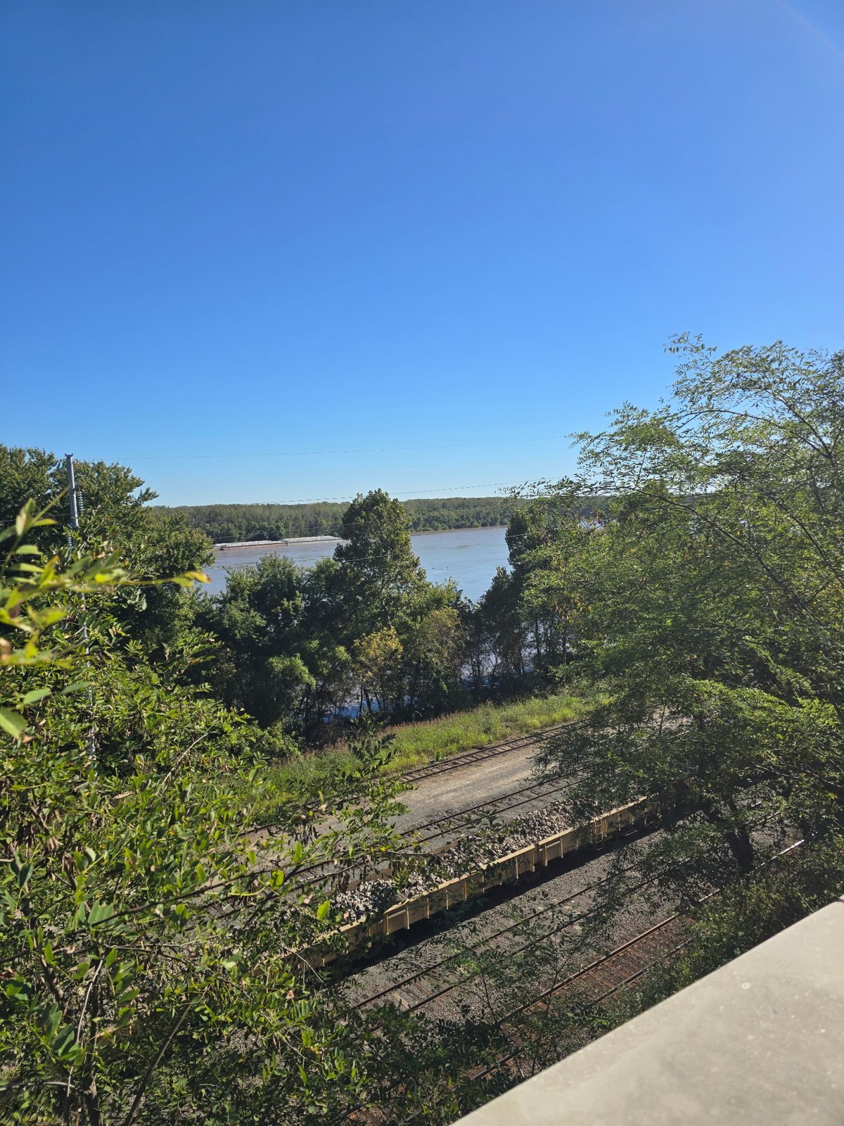 Missouri River and railroad tracks seen from the Capitol grounds
