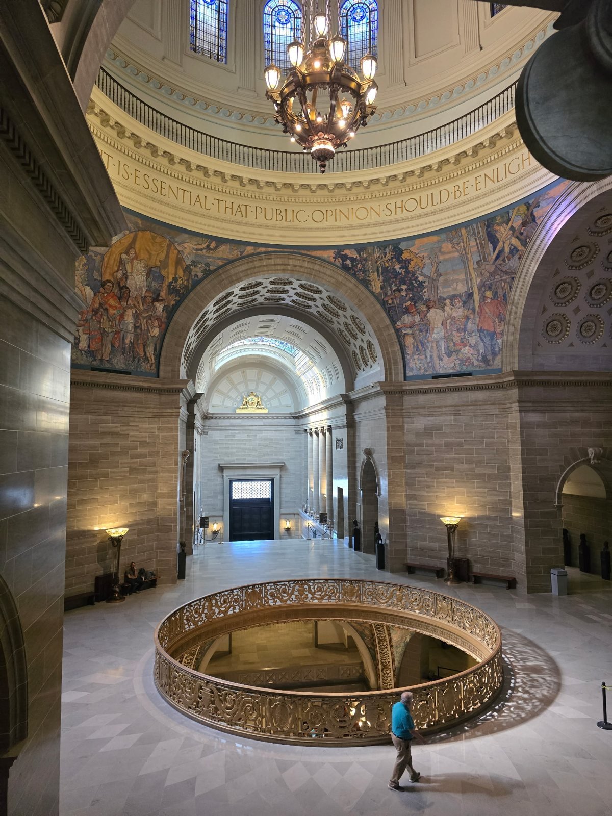 Missouri Capitol rotunda with its chandelier and murals
