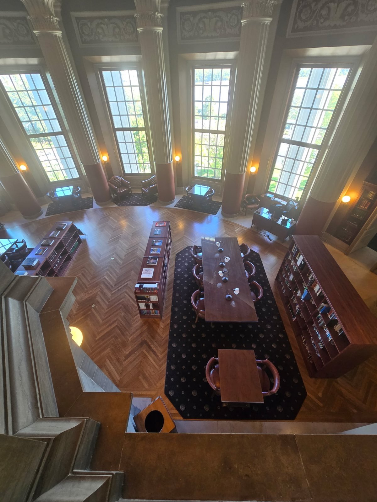 Looking down into the Missouri Legislative Library from the balcony