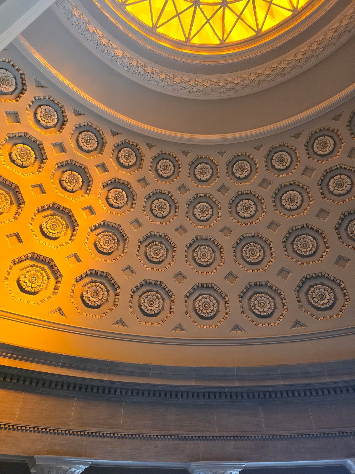 The golden coffered dome ceiling of the Missouri Legislative Library