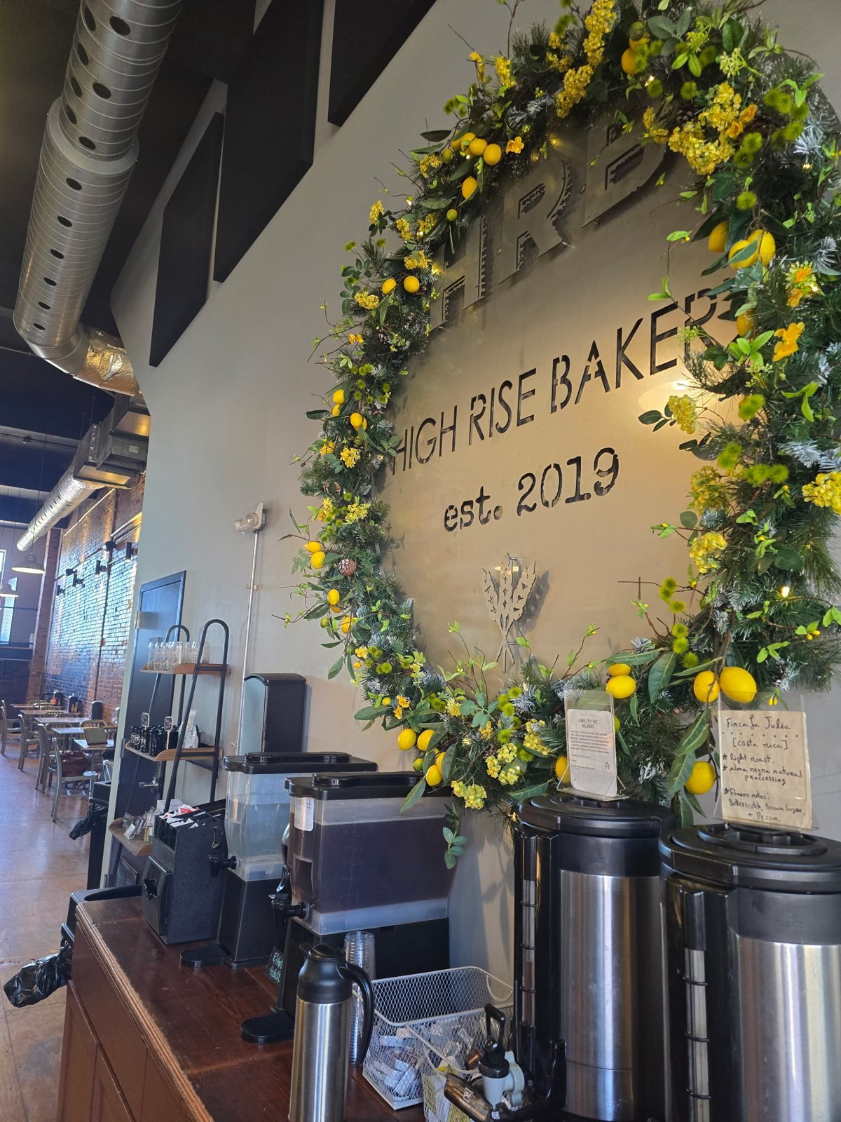 Lemon wreath on the wall inside High Rise Bakery