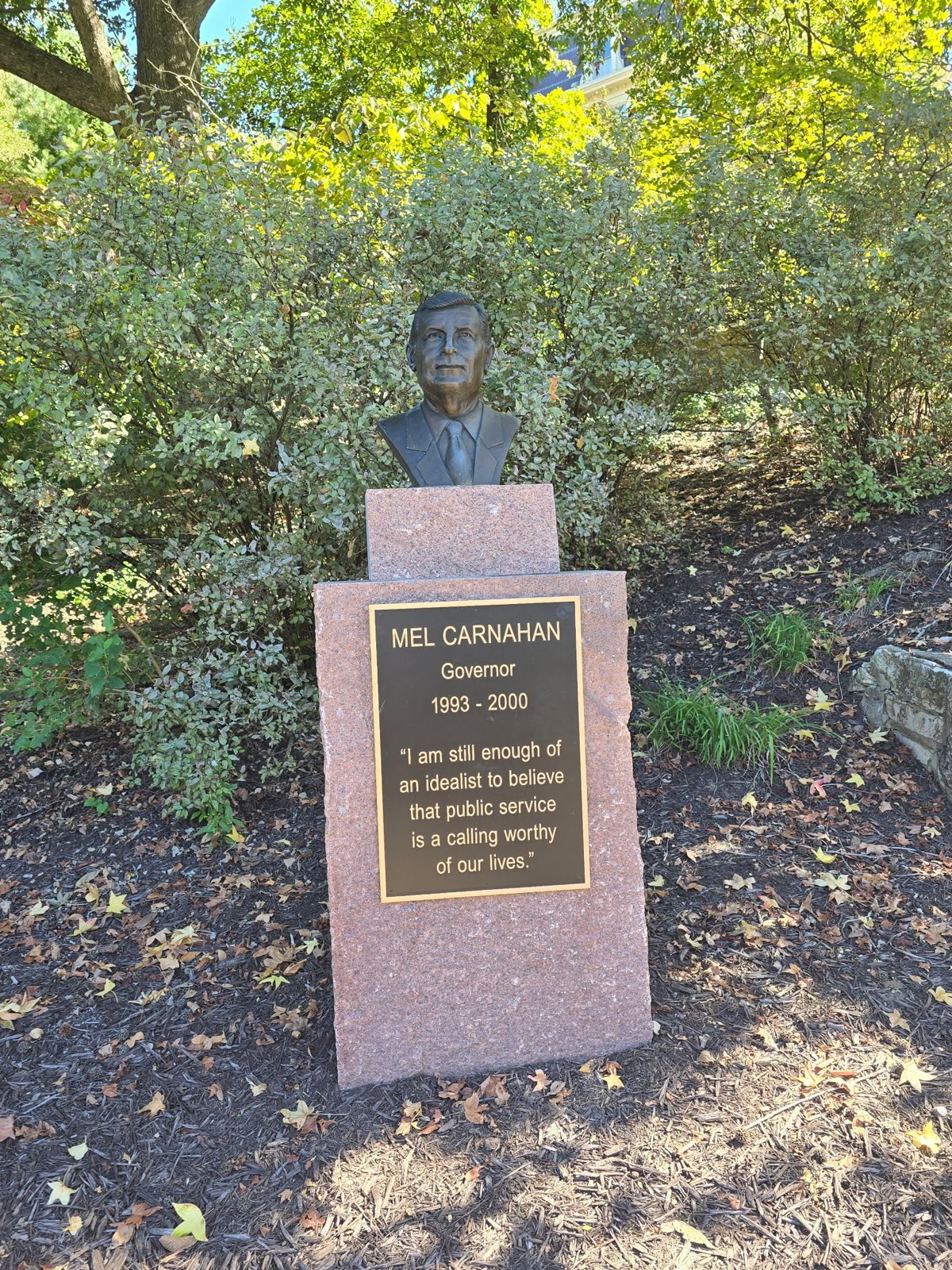 Bronze bust of Governor Mel Carnahan in the memorial garden