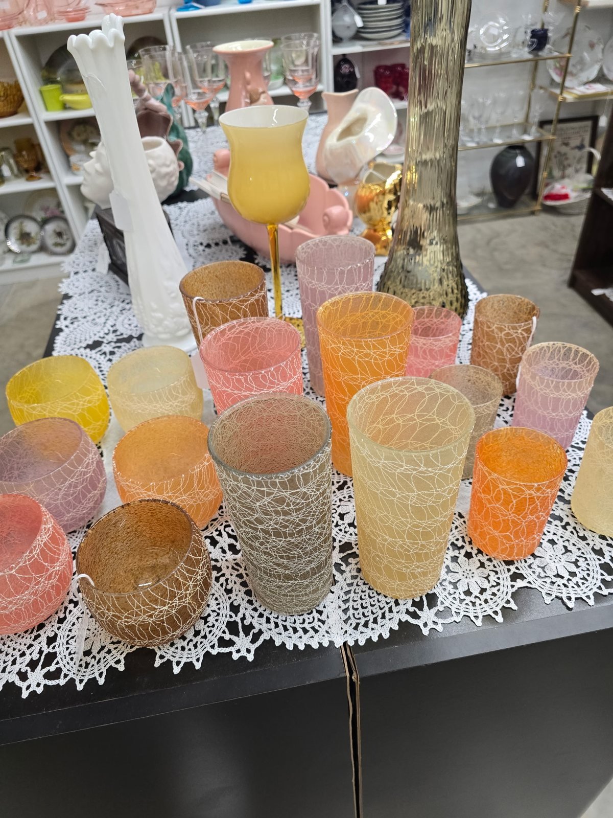 Colorful vintage spaghetti-string glassware at Sunflower Antiques in Jefferson City